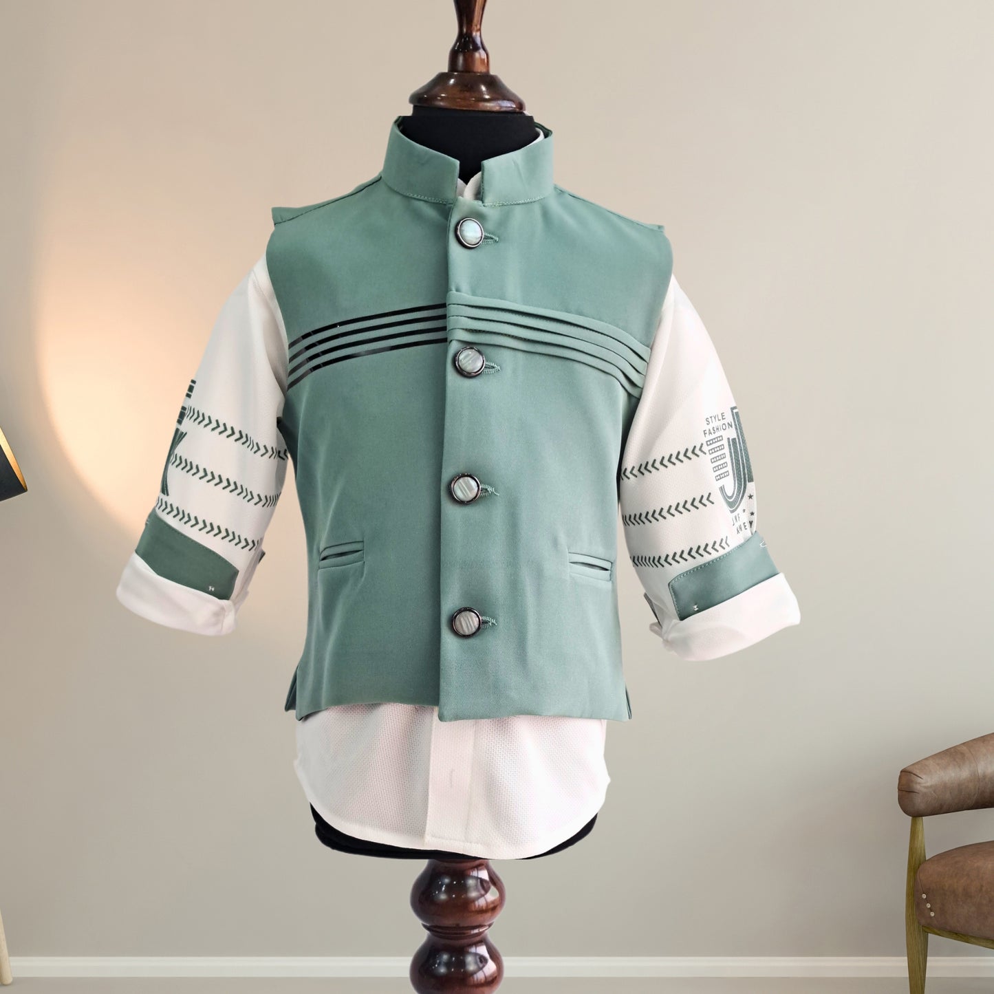 Sea Green Chinese Collar Party Jacket Suit