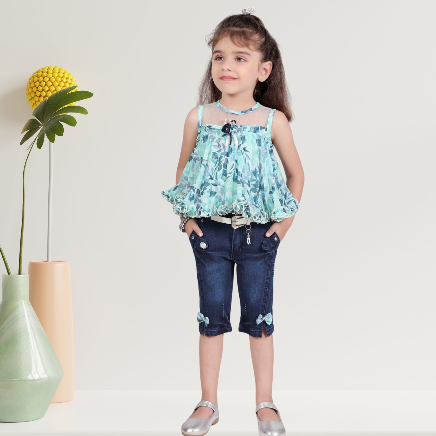 (RC-7754) Sea Green Sleeveless Pleated and Frill Border Top with Matching Capri Jeans