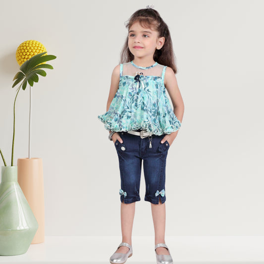 Sea Green Sleeveless Pleated and Frill Border Top with Matching Capri Jeans