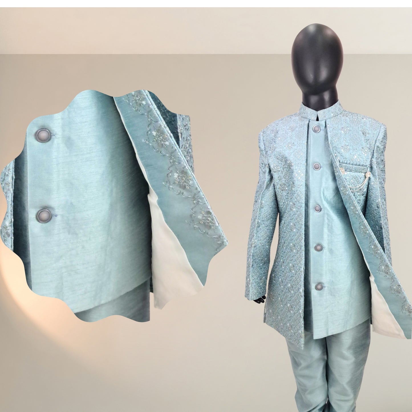 (OJ-MM0069) Turkish Blue Silk Indowestern Jacket and Pajama Set
