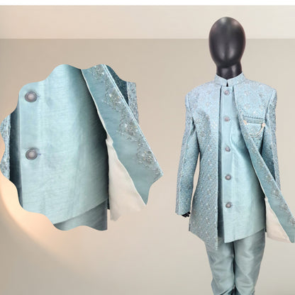 Turkish Blue Silk Indowestern Jacket and Pajama Set