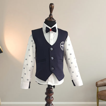 Navy Blue and White Lycra Full Sleeves Party Suit With Suspender, Hat and Bow