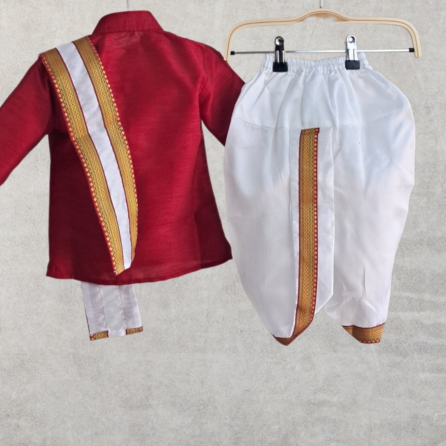 (OJ-PS1285) Maroon Cotton Silk Kurta and Dhoti set with Uparna/Angavastram