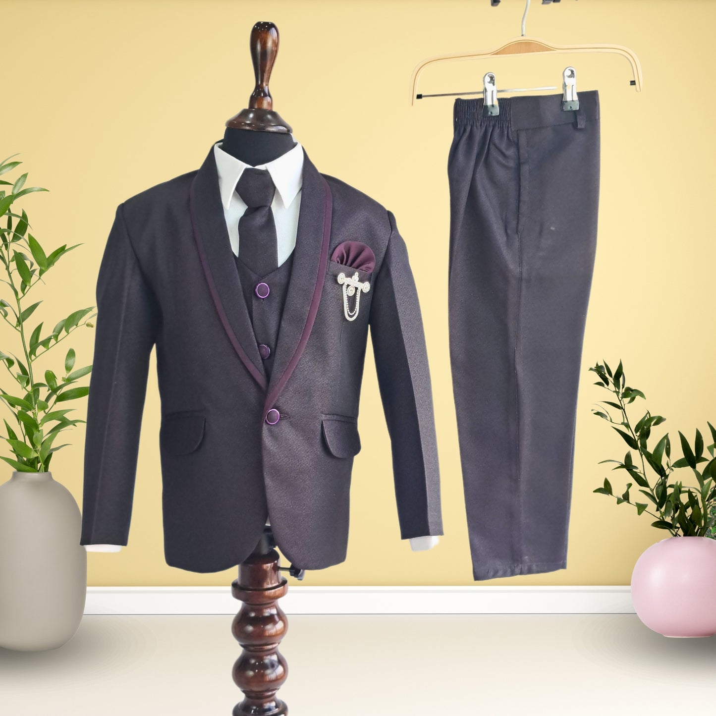 (OJ-MM0048) Wine Color Shimmer 5 Piece Party Suit With Brooch