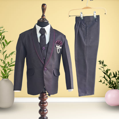 Wine Color Shimmer 5 Piece Party Suit With Brooch