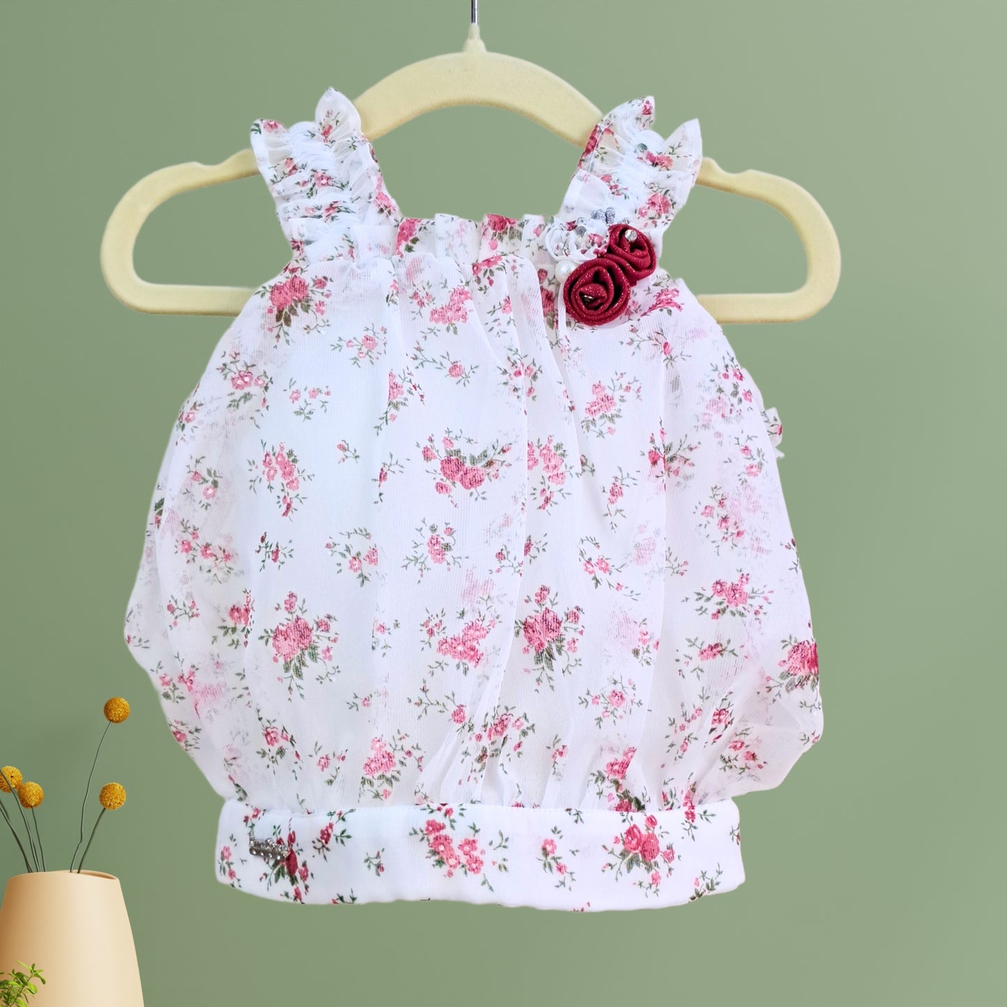 (RC-8798) Flower Printed White Party Top and Dark Pink Shimmer Layered Skirt