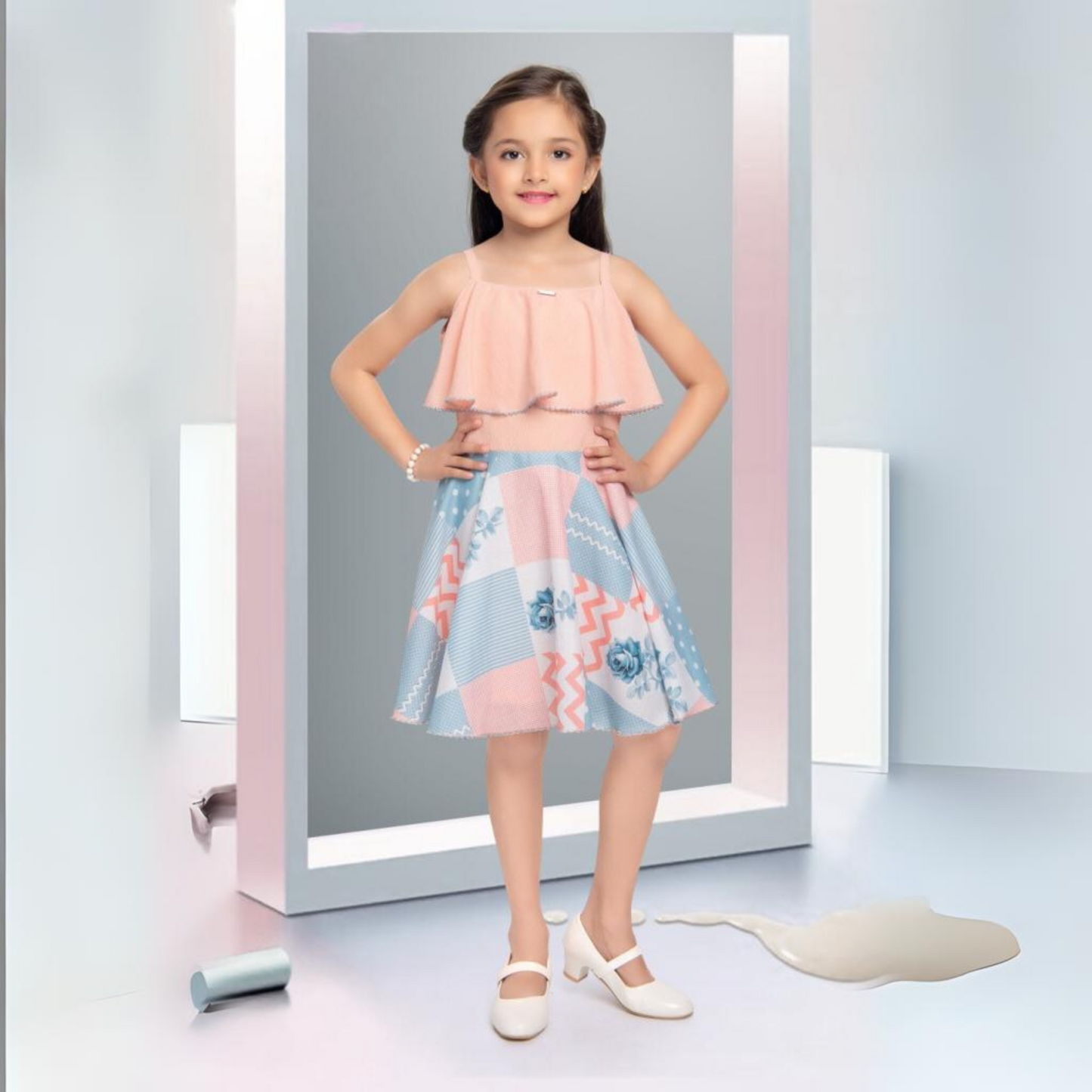 (MK-1330) Peach and Light Blue Sleeveless Frock with frilled neck