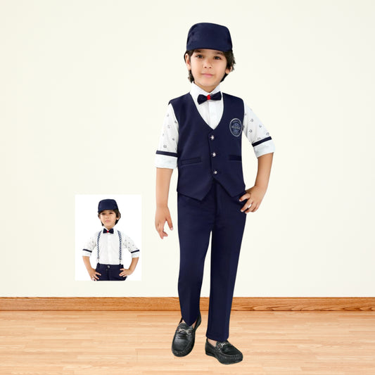 Navy Blue and White Lycra Full Sleeves Party Suit With Suspender, Hat and Bow
