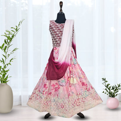 Digital Floral Print Pink and Rani Pink Lehenga/Ghagra With Rani Pink Sequin Work Choli