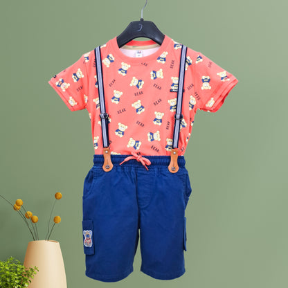 Cotton Knit Bear Print Half Sleeves T-Shirt and Shorts with Suspender