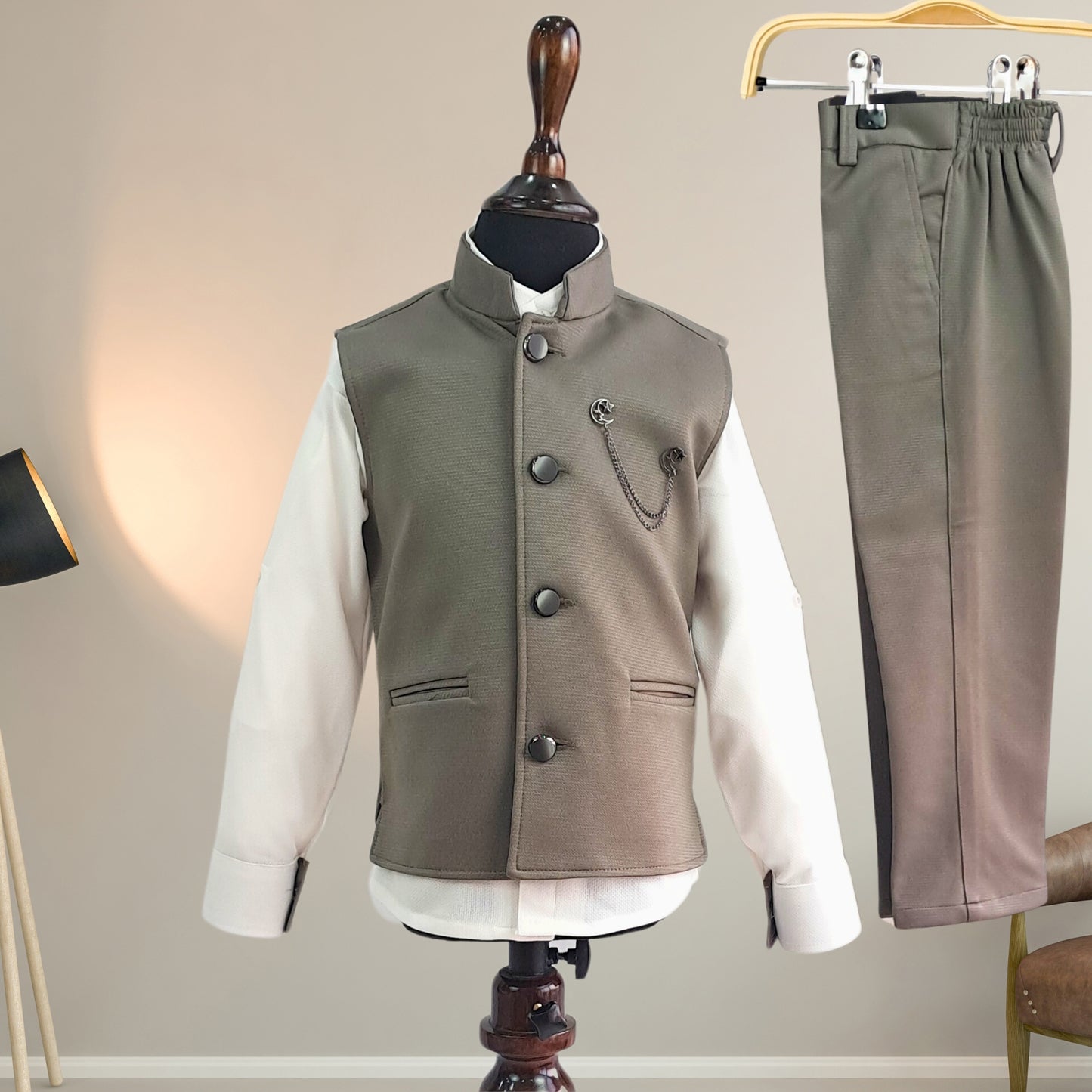 Grey and White Chinese Collar Party Jacket Suit