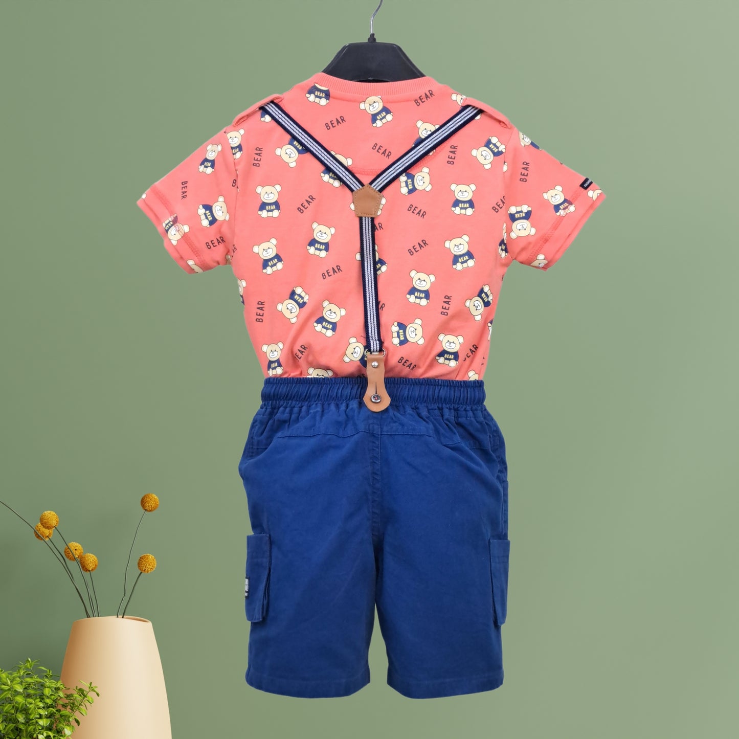 Cotton Knit Bear Print Half Sleeves T-Shirt and Shorts with Suspender