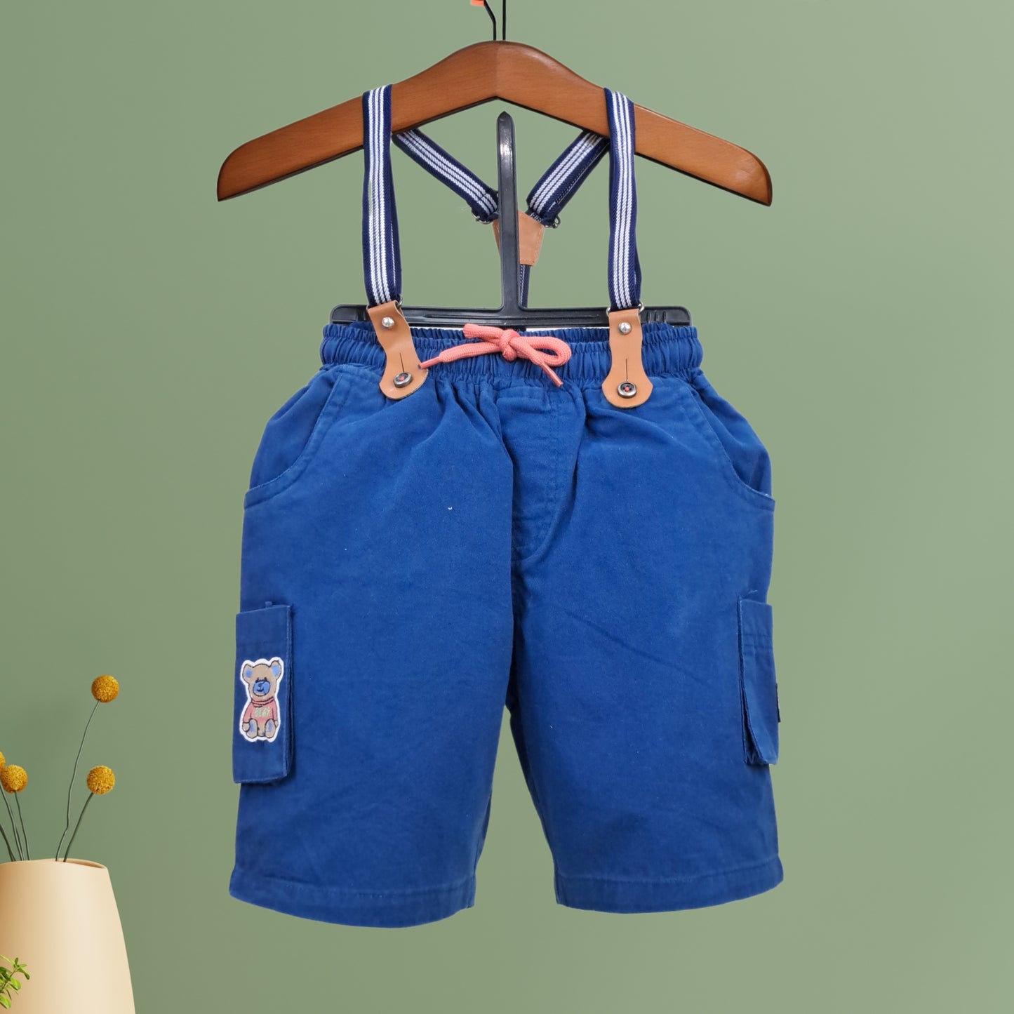 (RC-3146) Cotton Knit Bear Print Half Sleeves T-Shirt and Shorts with Suspender