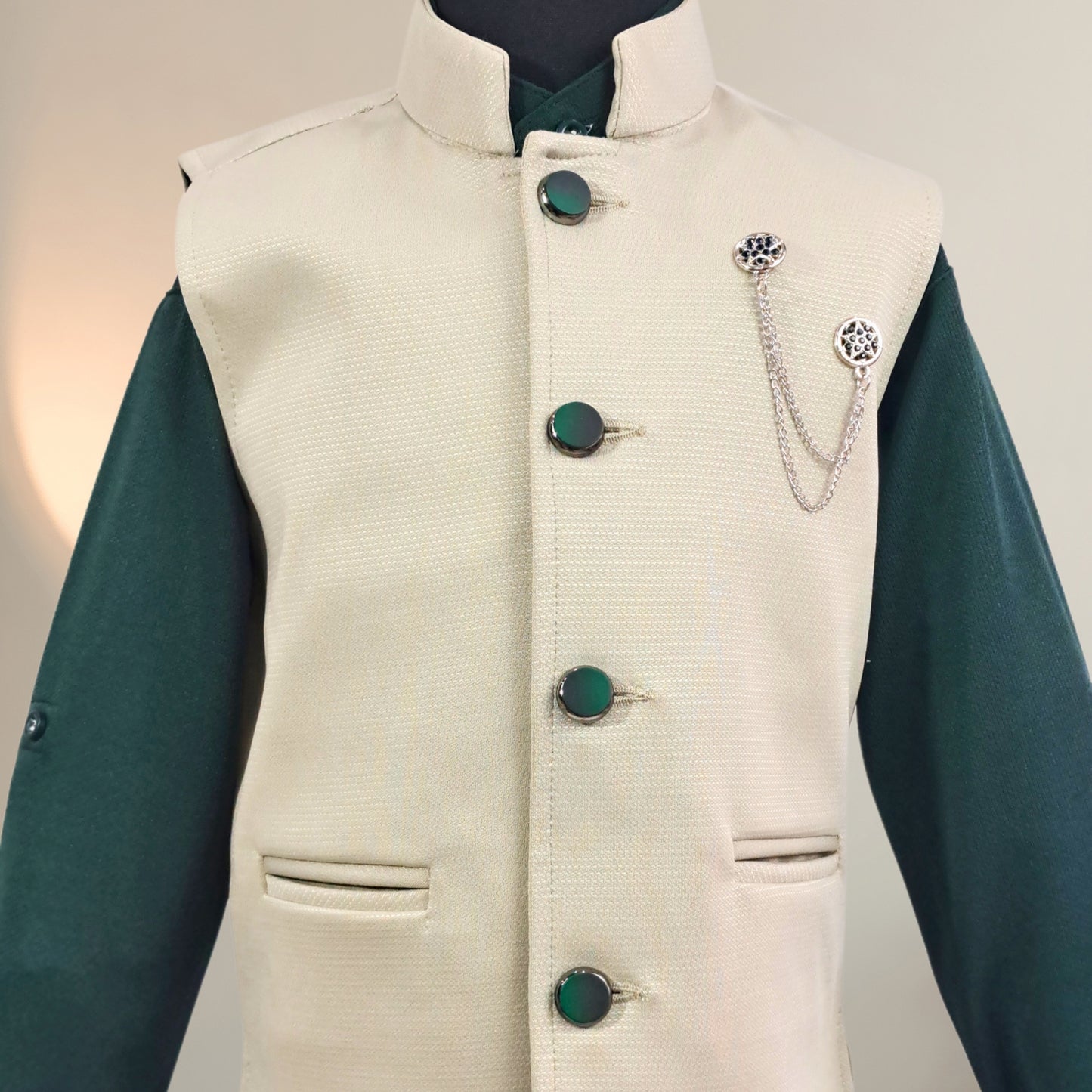 (OJ-FF7013) Beige and Dark Green Chinese Collar Party Jacket Suit