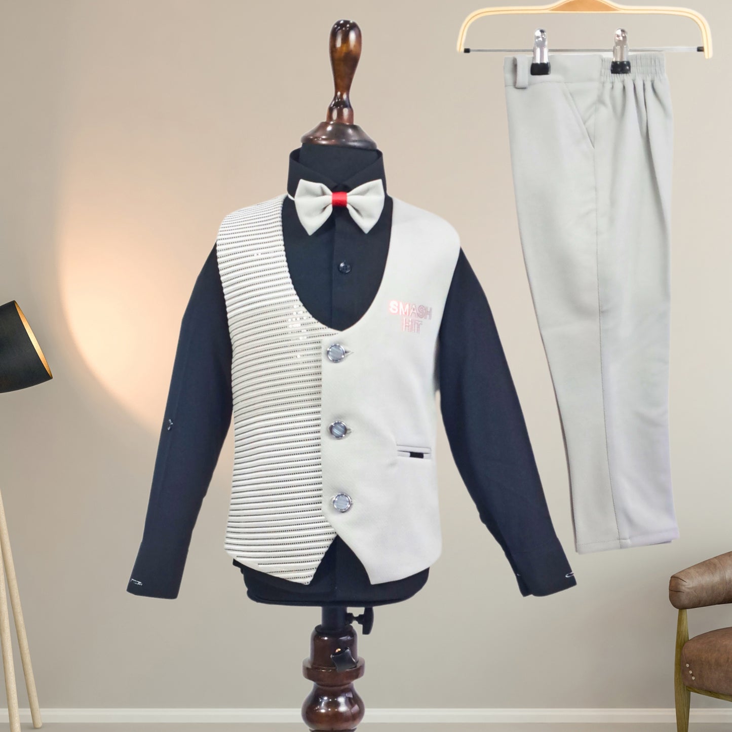 (OJ-FF6744) Grey and Black 3 Piece Party Suit with Bowtie