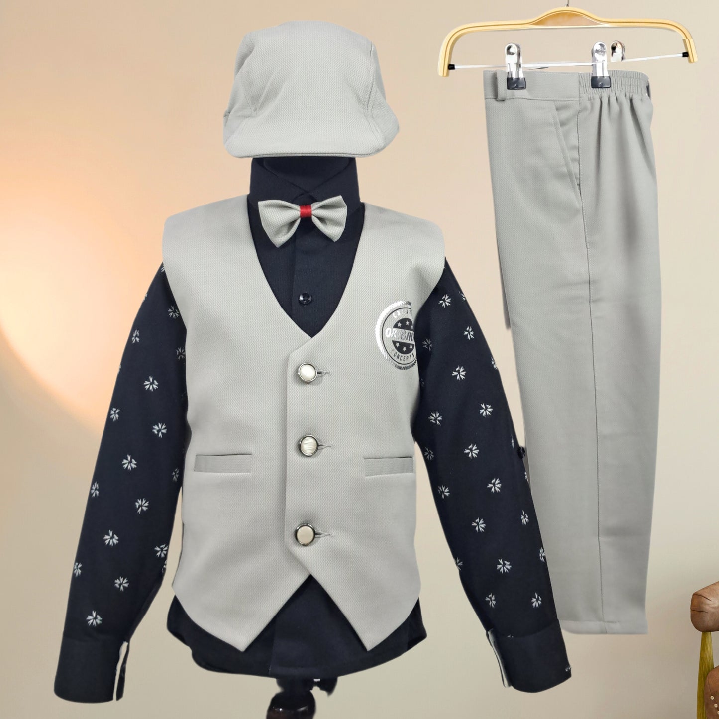 Grey and Black Lycra Full Sleeves Party Suit With Suspender, Hat and Bow