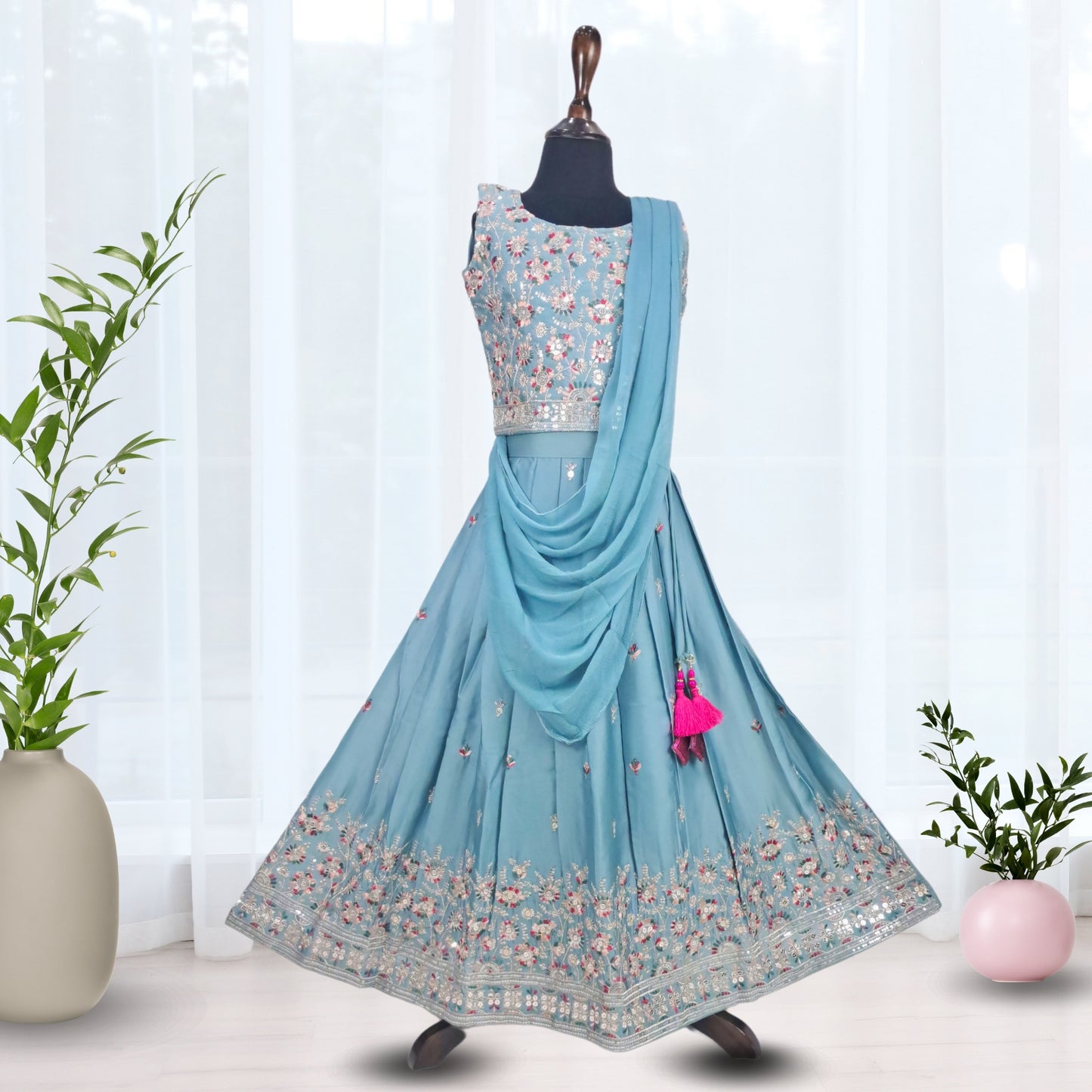 (AD-9176) Turkish Blue Pleated Rich Border Lehenga/Ghagra With Multi-color Embroidery Choli