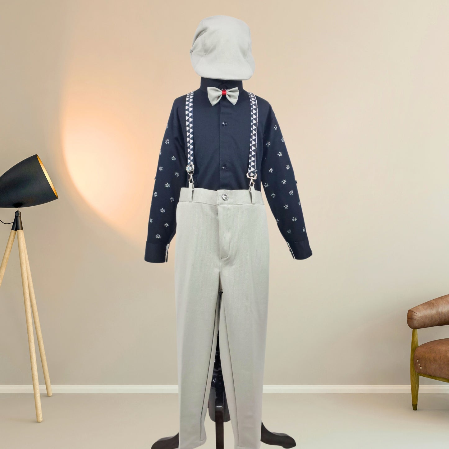 (OJ-FF7077) Grey and Black Lycra Full Sleeves Party Suit With Suspender, Hat and Bow