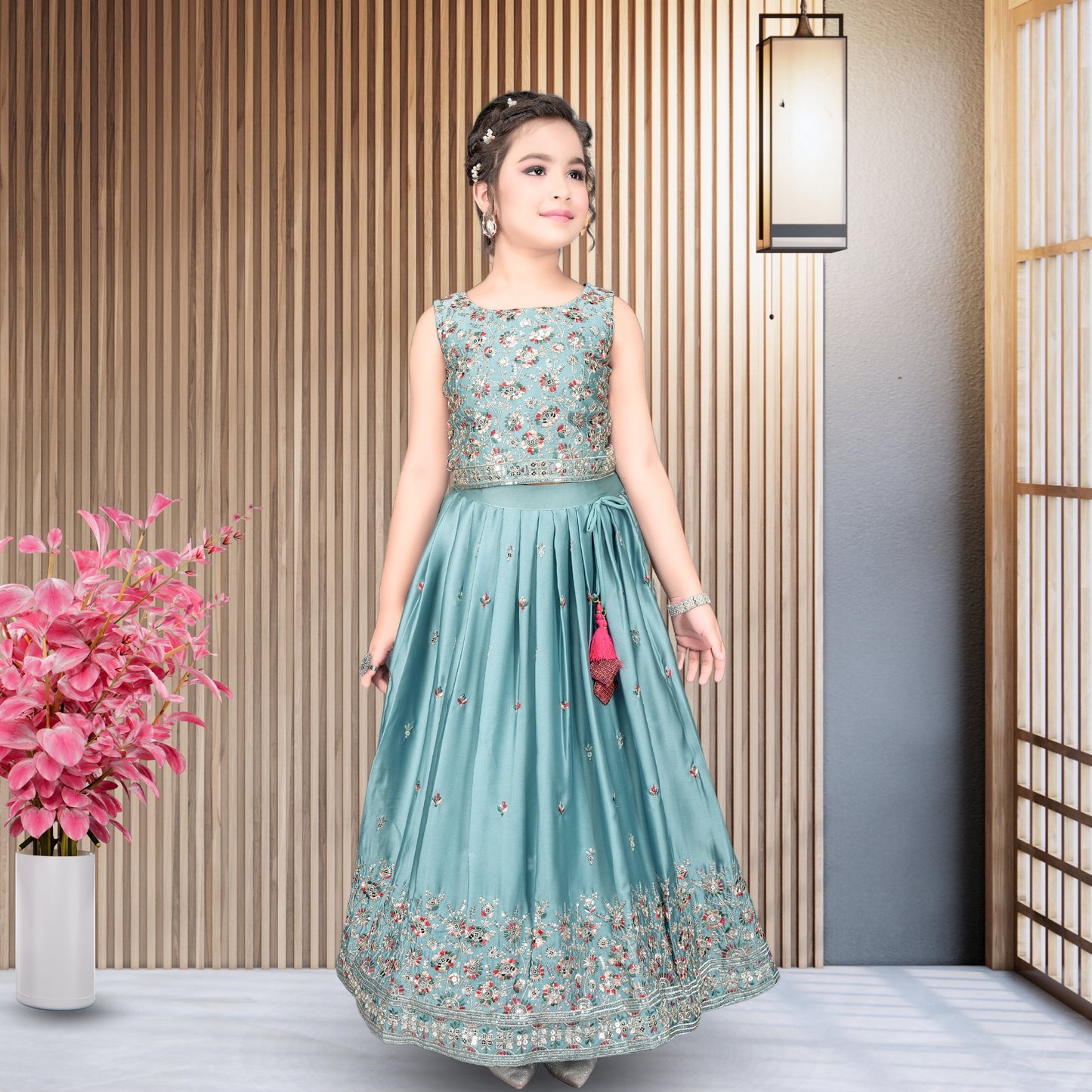 (AD-9176) Turkish Blue Pleated Rich Border Lehenga/Ghagra With Multi-color Embroidery Choli