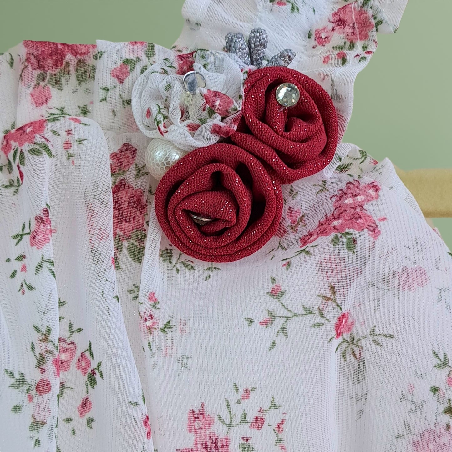 (RC-8798) Flower Printed White Party Top and Dark Pink Shimmer Layered Skirt