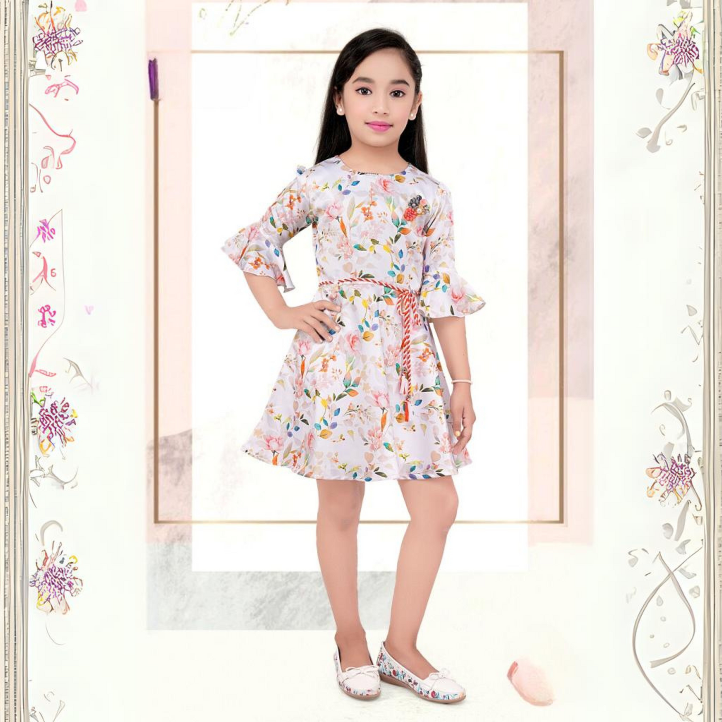 (MK-1298) Off white digital print ruffled sleeve Frock