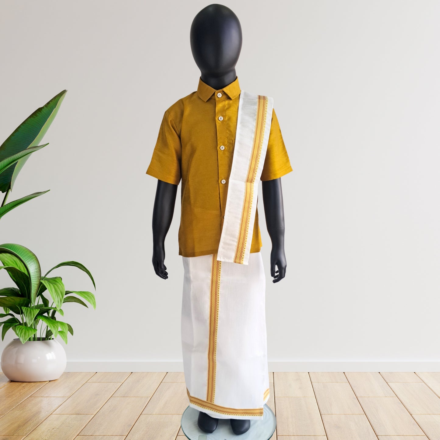 Mustard Yellow Cotton Silk Half Sleeves Shirt and Mundu Lungi set with Uparna/Towel