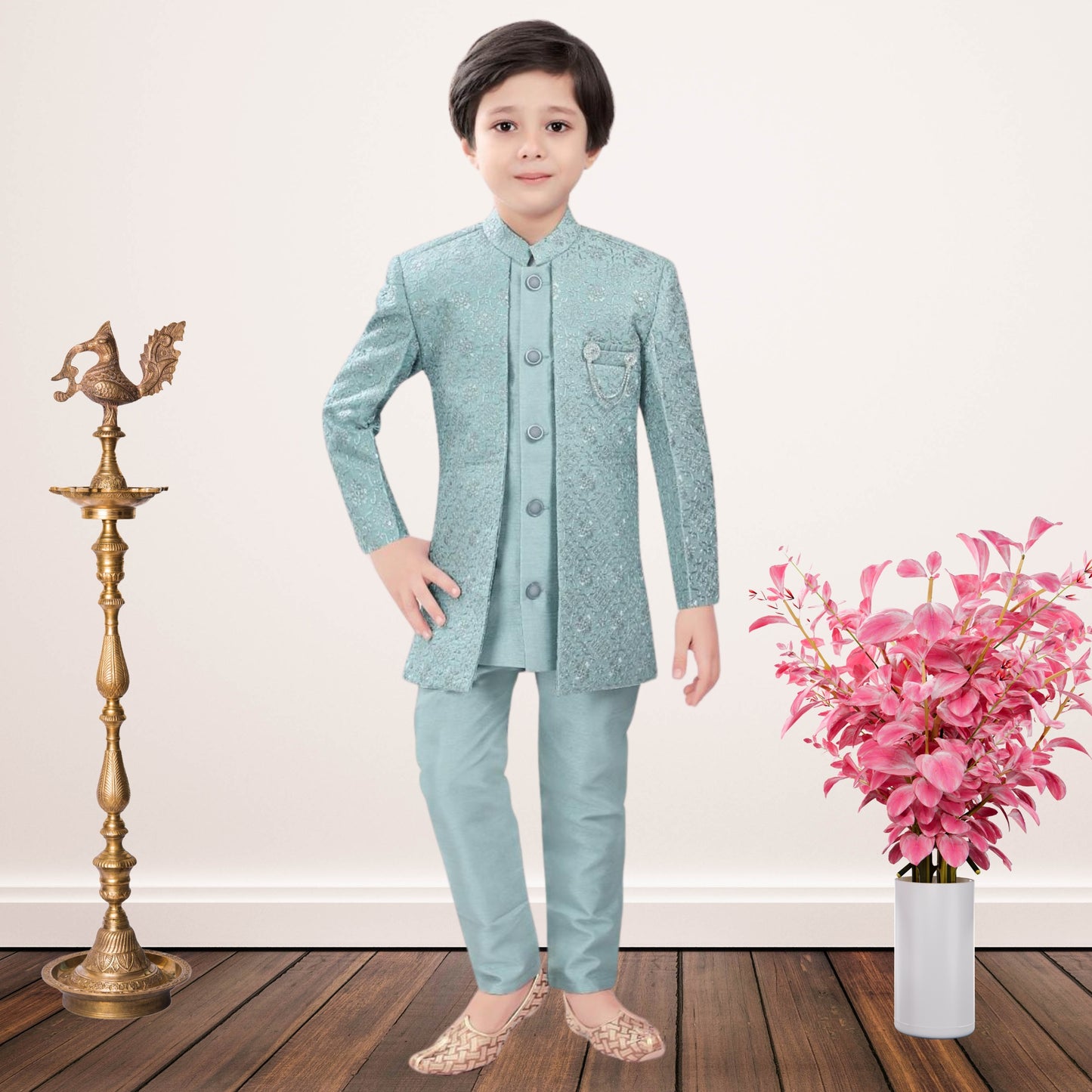 (OJ-MM0069) Turkish Blue Silk Indowestern Jacket and Pajama Set