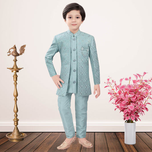 Turkish Blue Silk Indowestern Jacket and Pajama Set