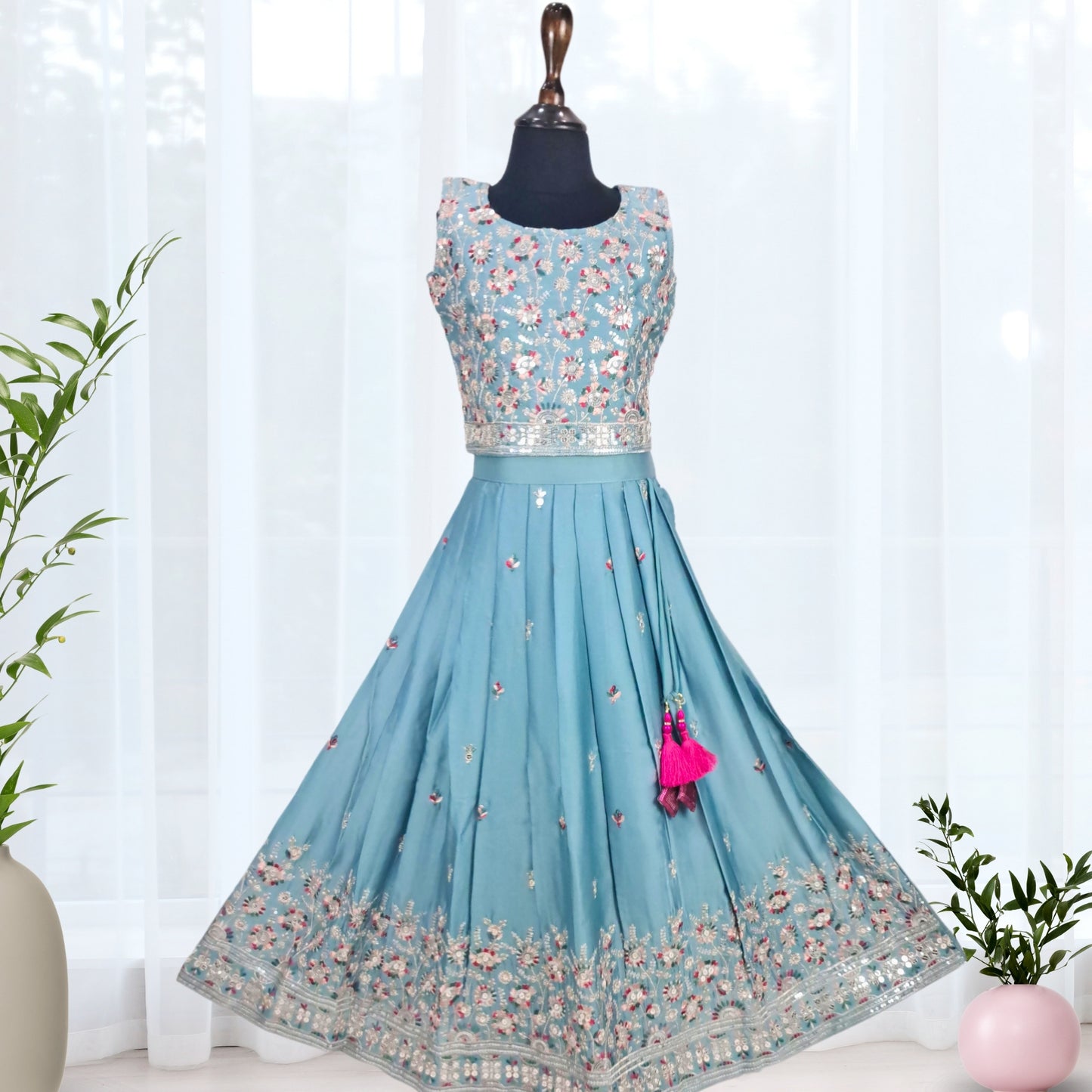 (AD-9176) Turkish Blue Pleated Rich Border Lehenga/Ghagra With Multi-color Embroidery Choli