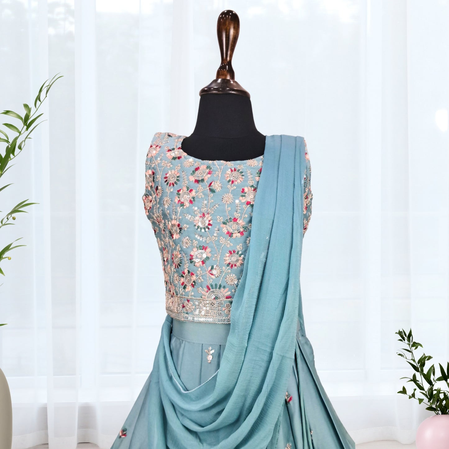 (AD-9176) Turkish Blue Pleated Rich Border Lehenga/Ghagra With Multi-color Embroidery Choli