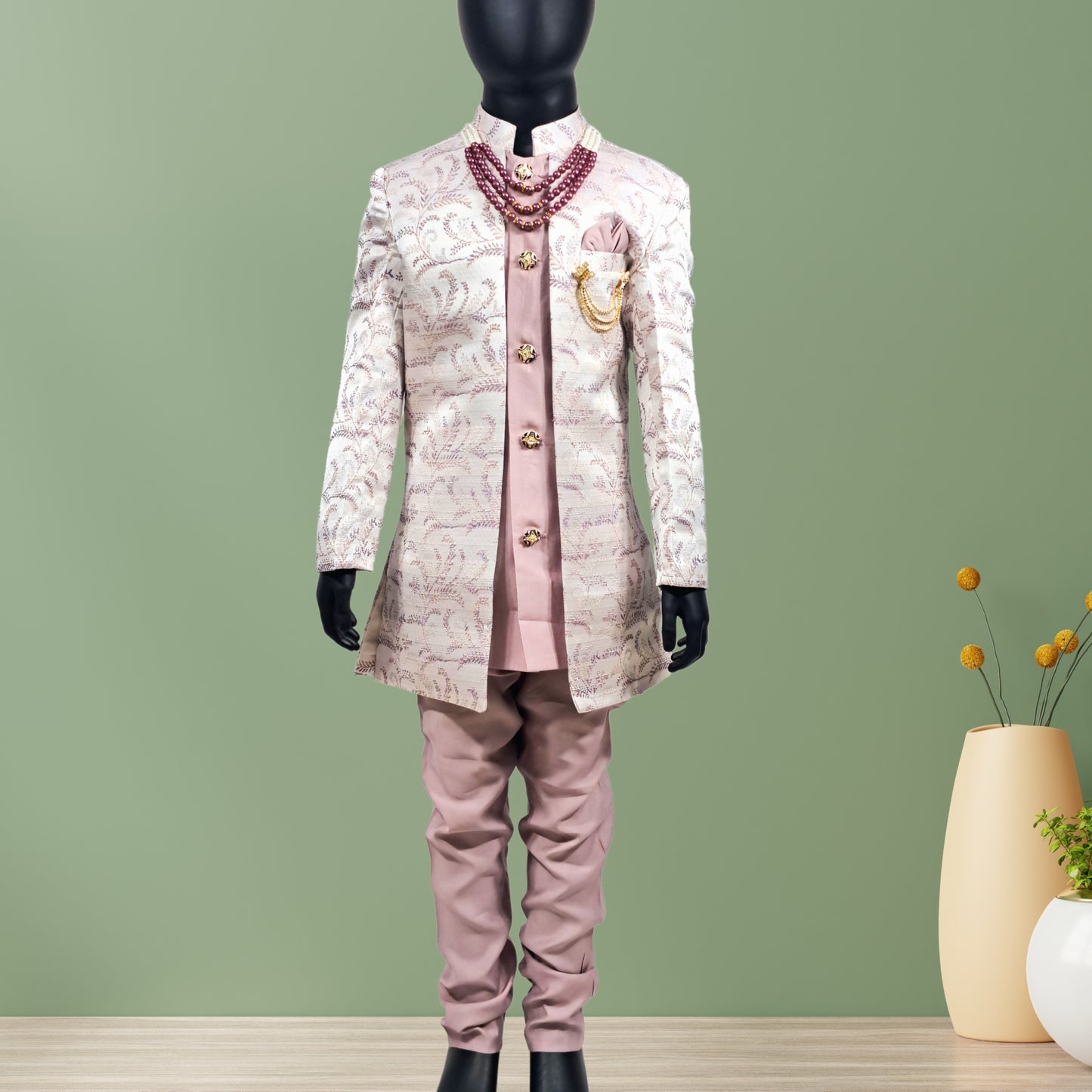 (OJ-MM0063) Lilac Purple Silk Indowestern Jacket and Pajama Set With Accessories