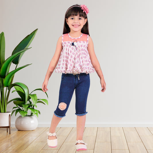 (RC-7763) Sleeveless Pleated and Frill Border Top with Matching Capri Jeans