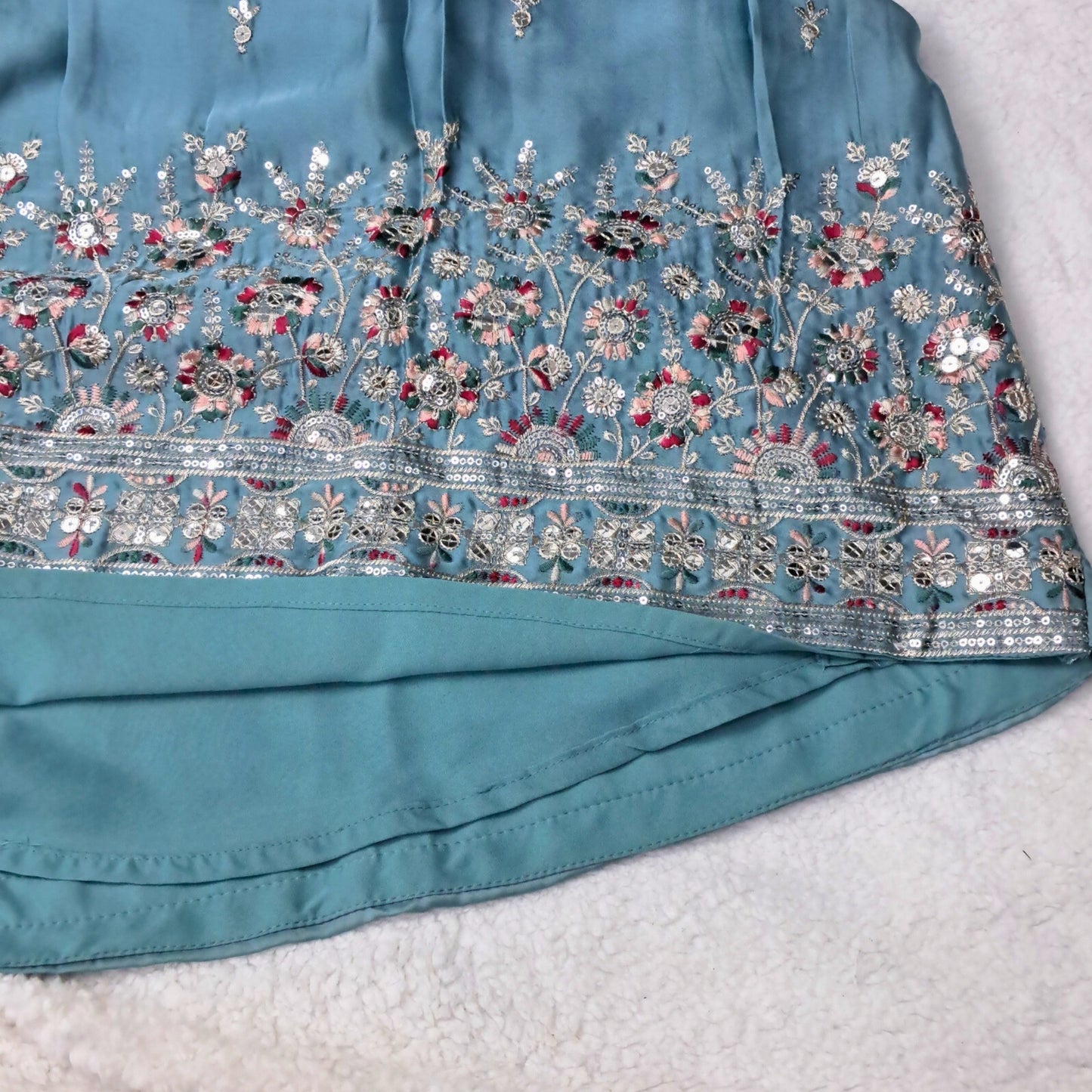 (AD-9176) Turkish Blue Pleated Rich Border Lehenga/Ghagra With Multi-color Embroidery Choli