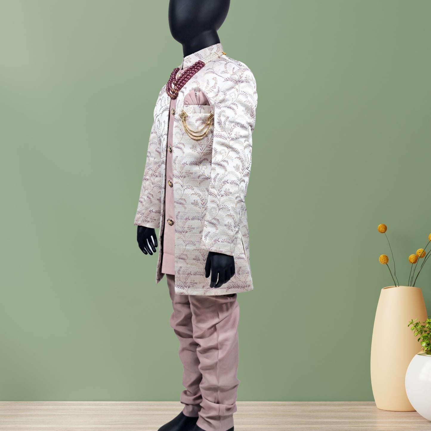 (OJ-MM0063) Lilac Purple Silk Indowestern Jacket and Pajama Set With Accessories