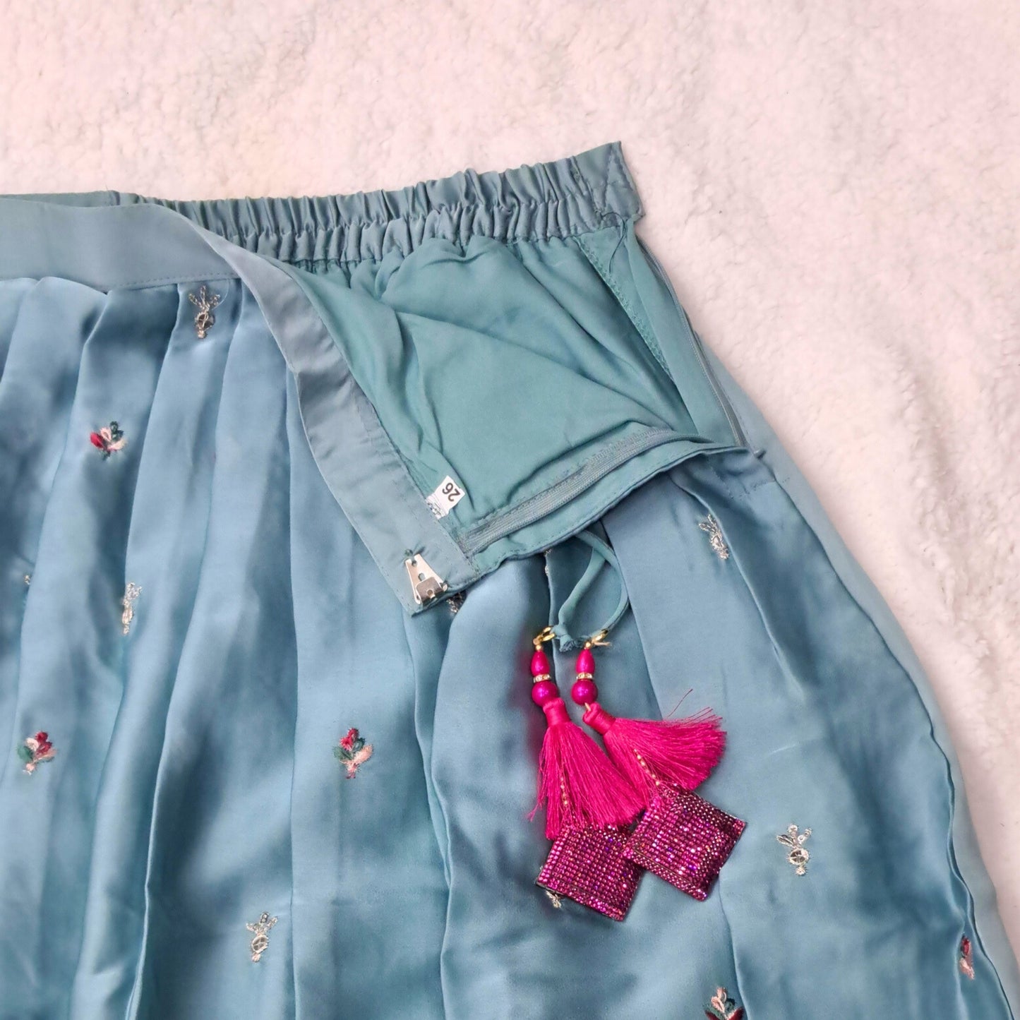 (AD-9176) Turkish Blue Pleated Rich Border Lehenga/Ghagra With Multi-color Embroidery Choli