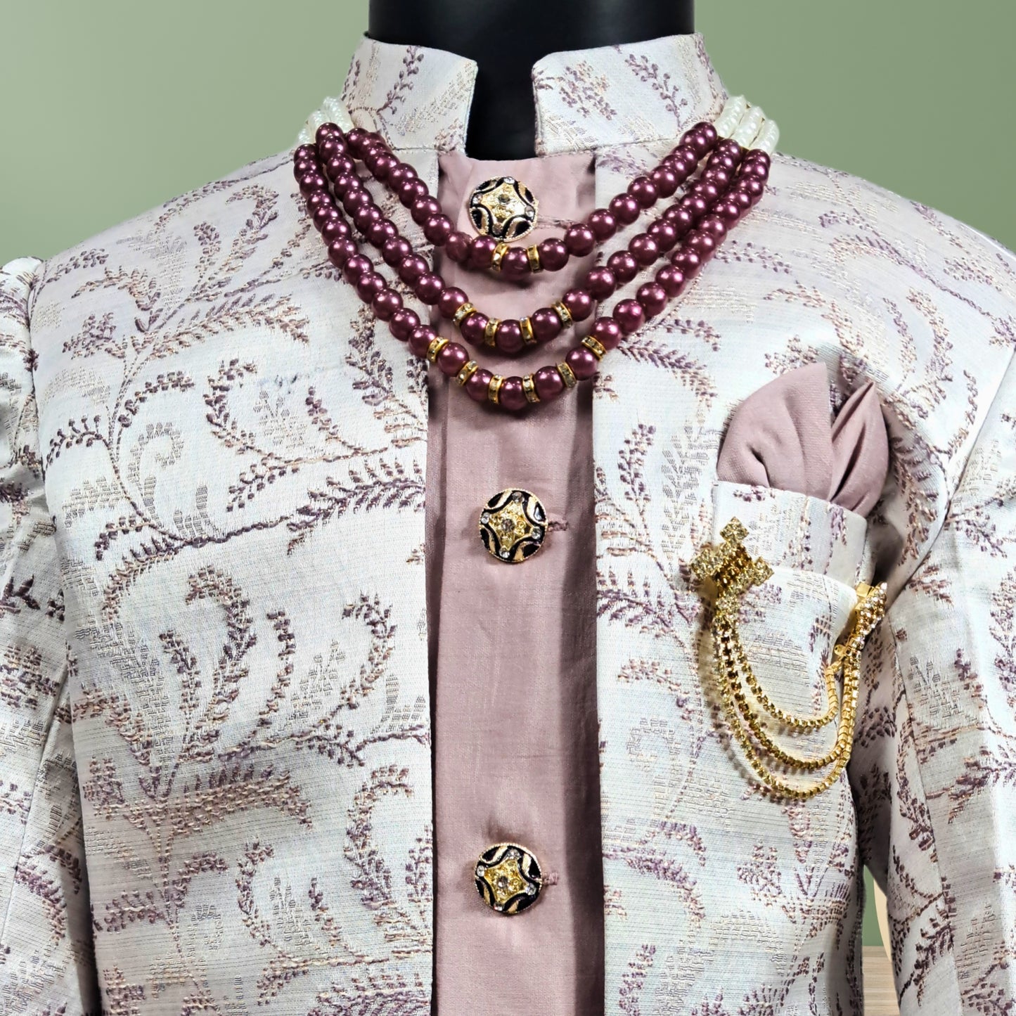 (OJ-MM0063) Lilac Purple Silk Indowestern Jacket and Pajama Set With Accessories