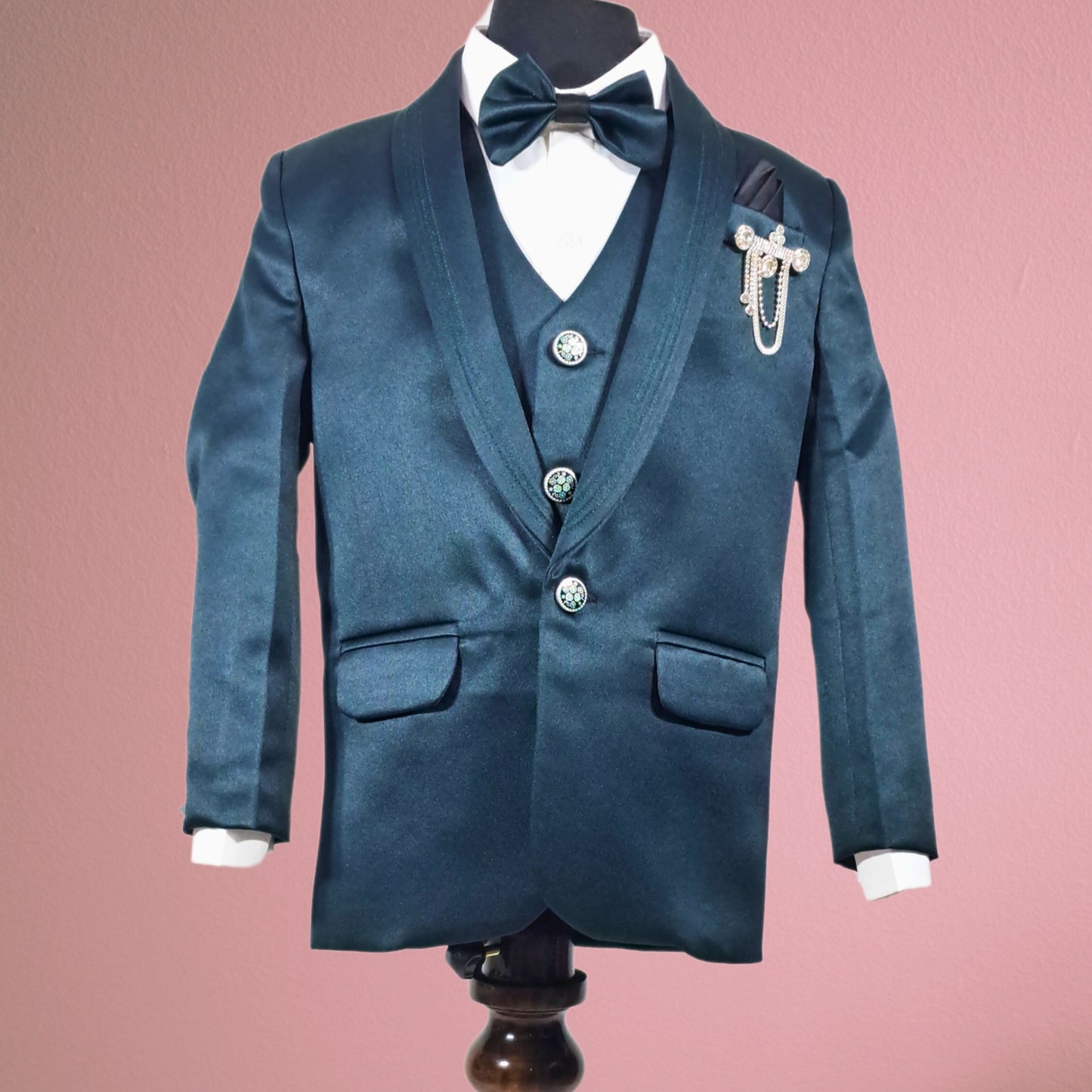 Dark Green 5 Piece Party Suit With Brooch and Satin Lapels