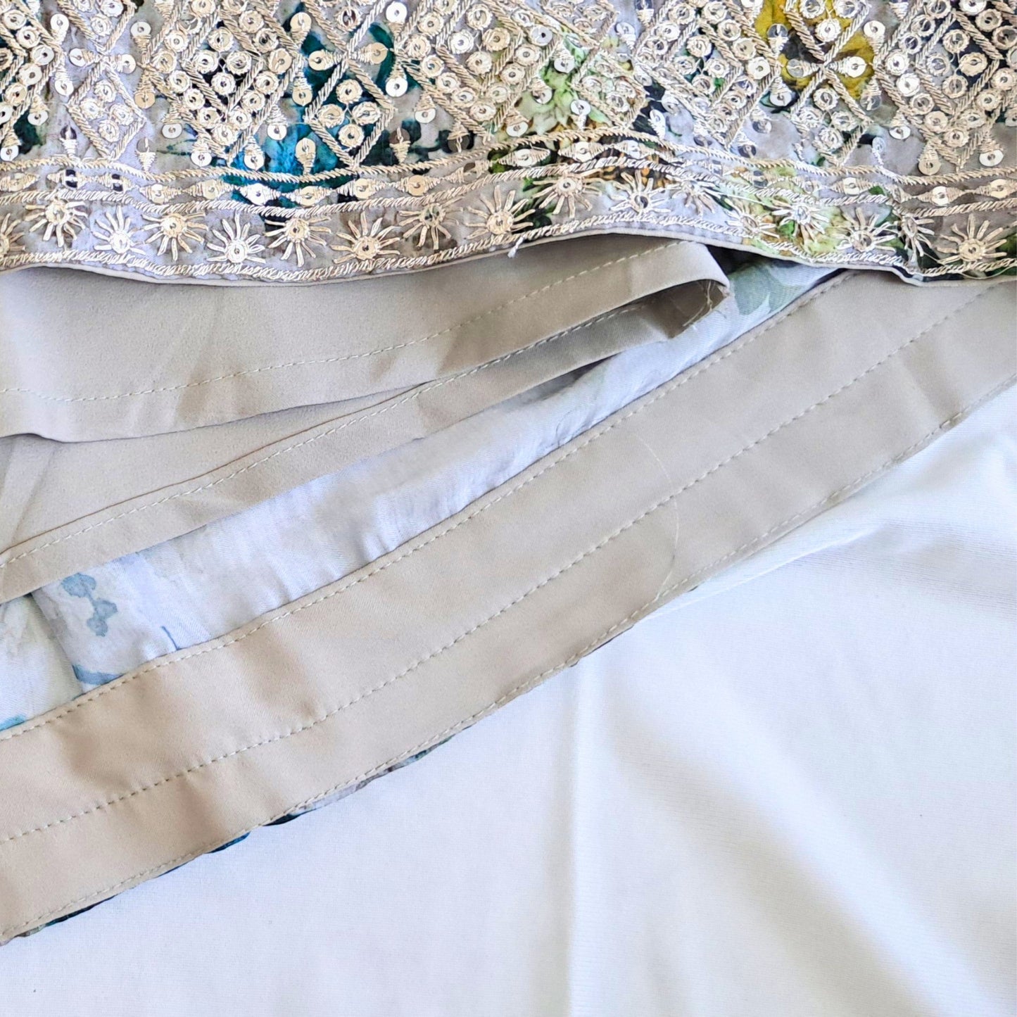 (AD-9177) Digital Floral Print Grey and Light Green Lehenga/Ghagra With Dark Green Sequin Work Choli