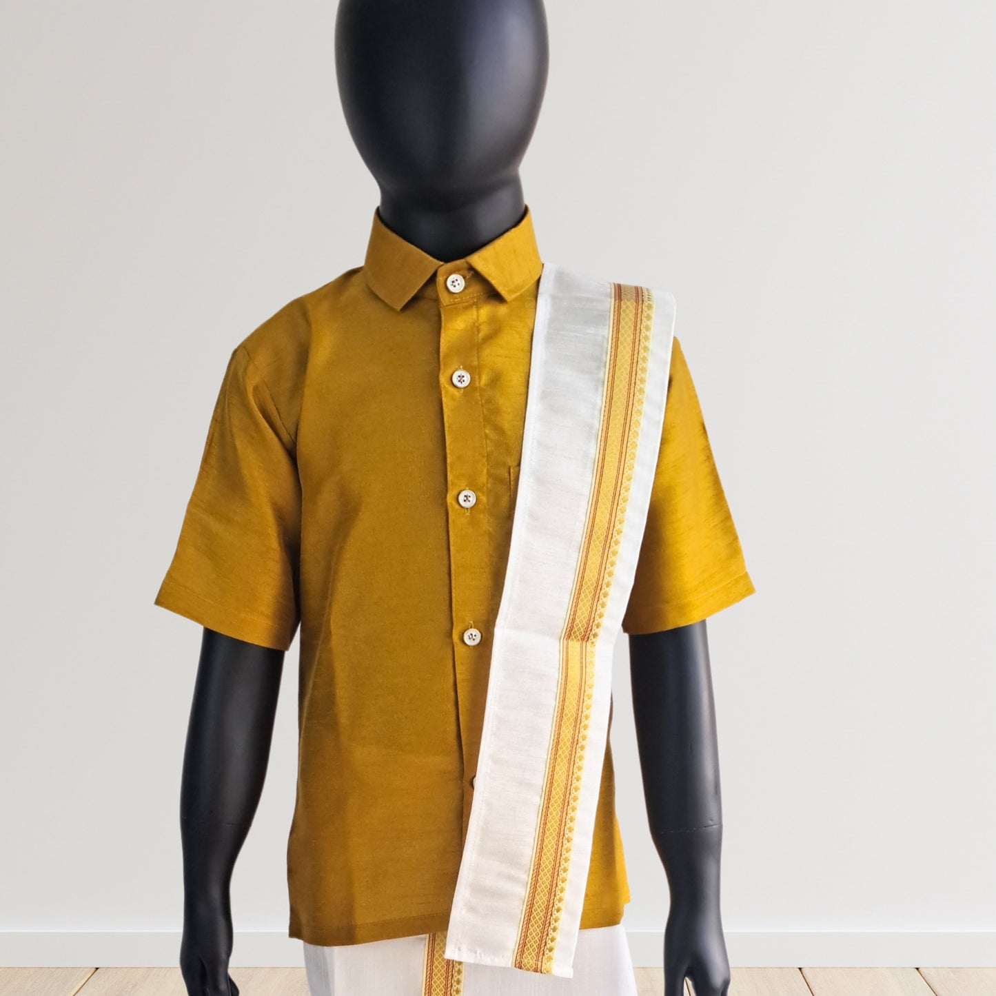 Mustard Yellow Cotton Silk Half Sleeves Shirt and Mundu Lungi set with Uparna/Towel