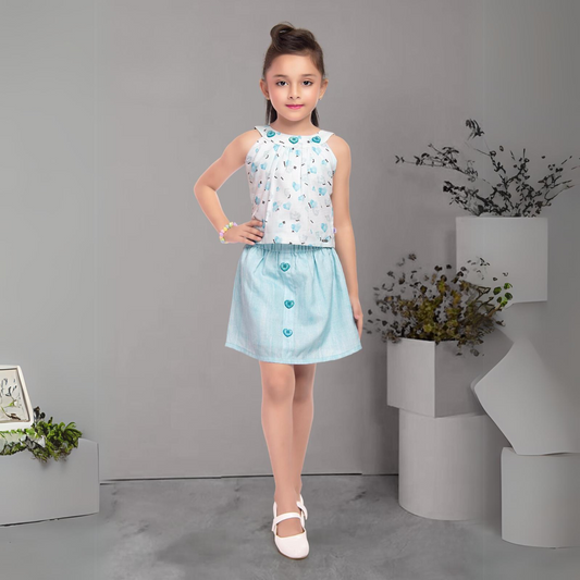 (MK-1306) White and Blue Short Skirt and Boat Neck Top with Heart Print