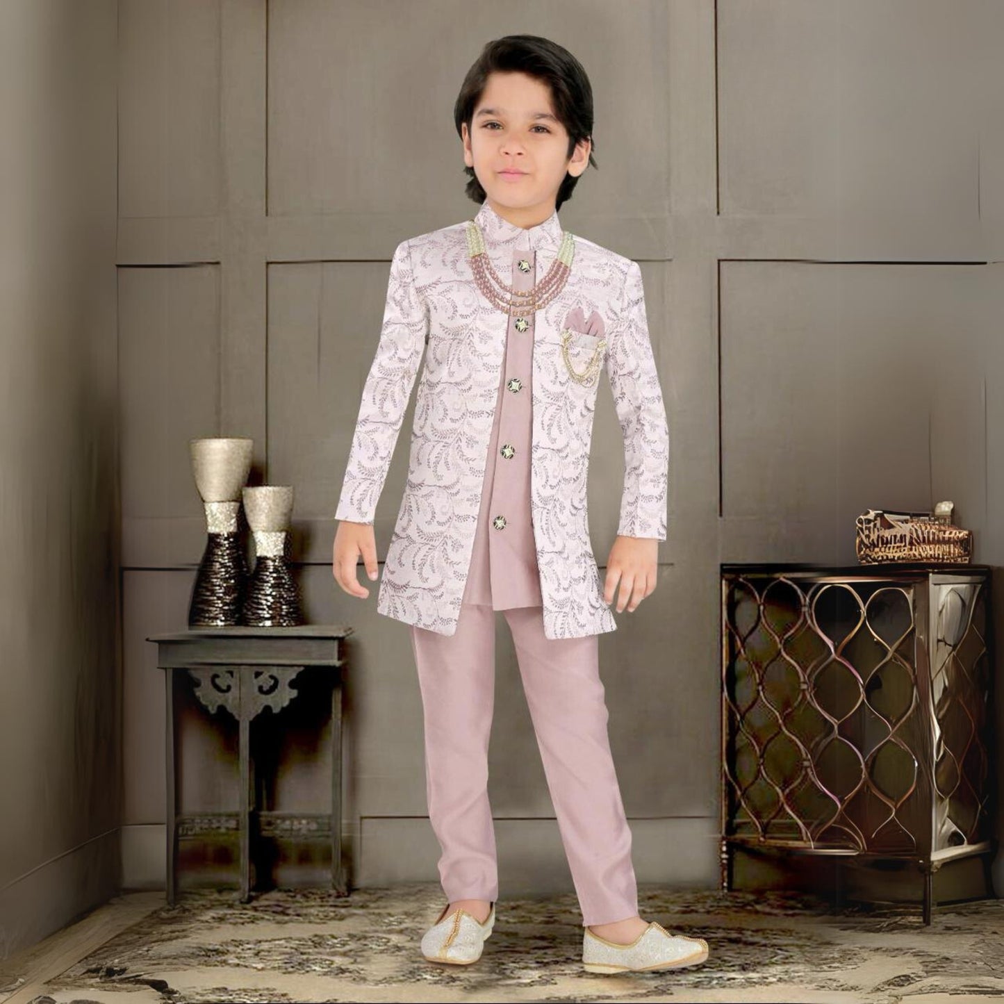 (OJ-MM0063) Lilac Purple Silk Indowestern Jacket and Pajama Set With Accessories