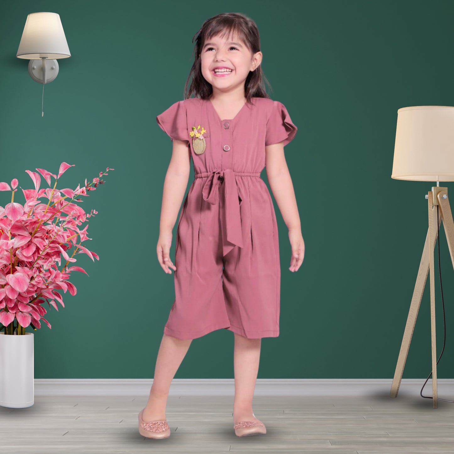 (RC-1470) Cap Sleeves Knee Length Onion Pink/Rose Gold Jumpsuit