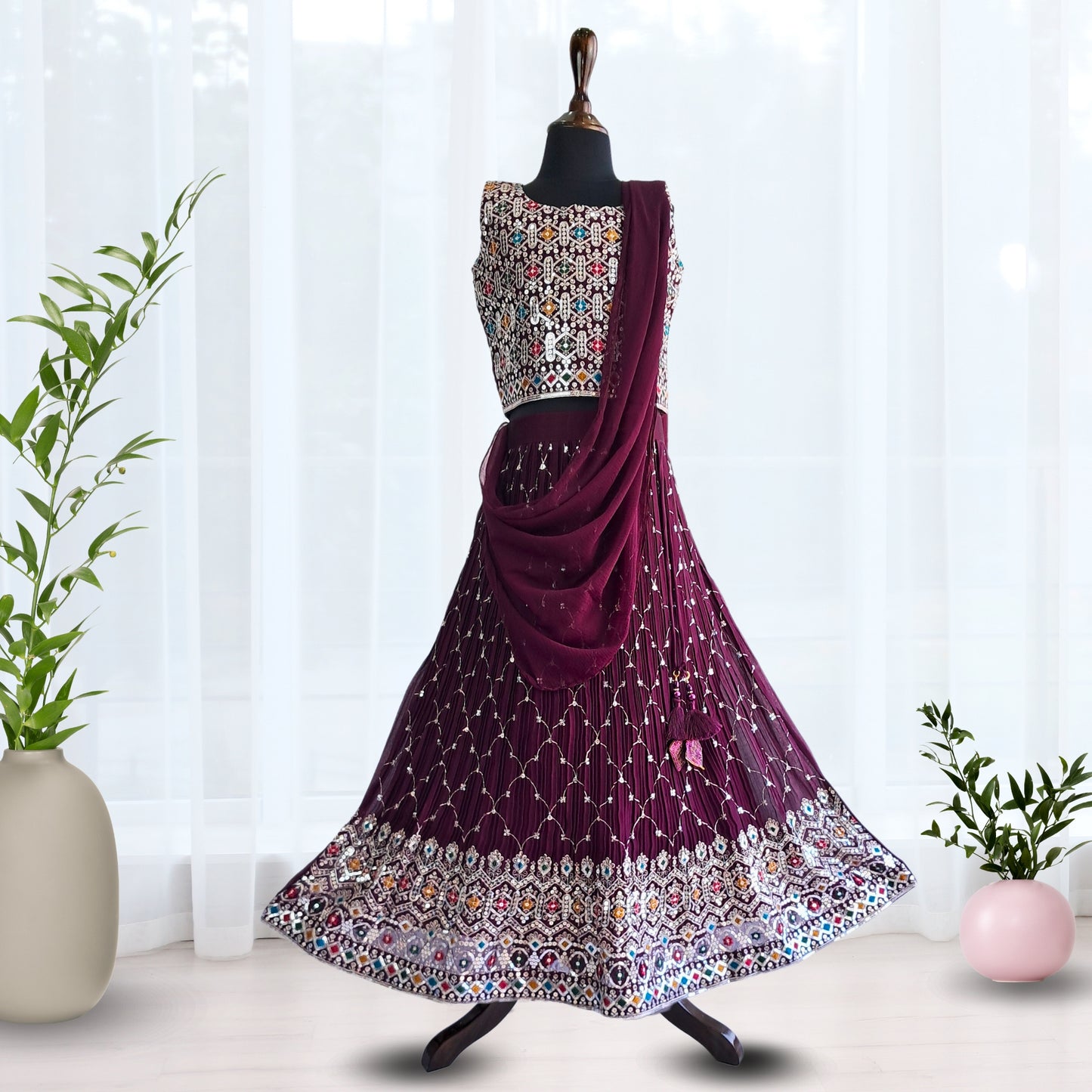 (AD-9174) Crushed Fabric Rich Border Wine Lehenga/Ghagra With Wine Sequin Work Embroidery Choli