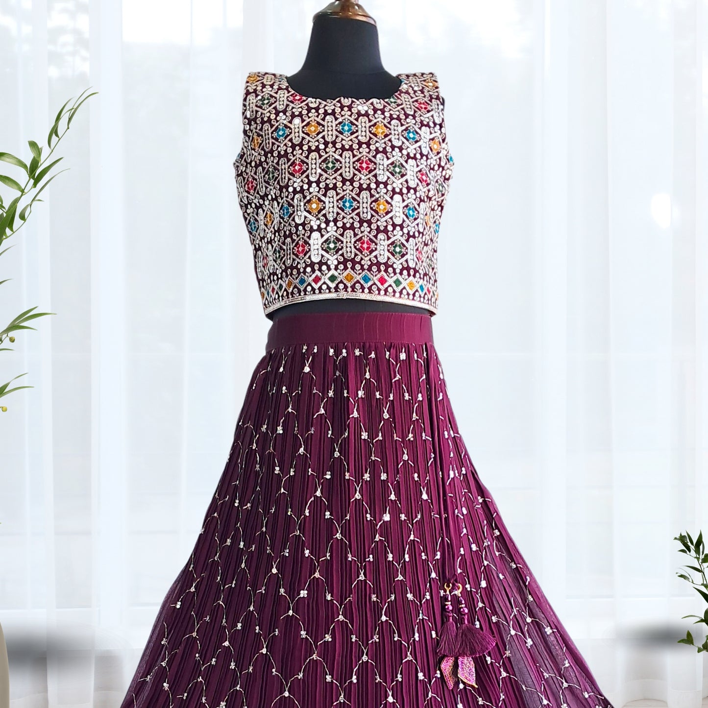 (AD-9174) Crushed Fabric Rich Border Wine Lehenga/Ghagra With Wine Sequin Work Embroidery Choli