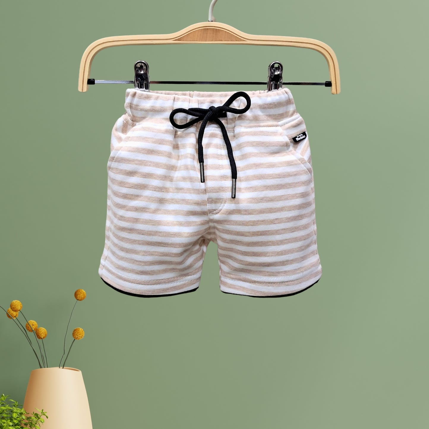 (RC-N-770) Beige and White Hooded Striped T-shirt Shorts Set