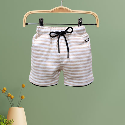 Beige and White Hooded Striped T-shirt Shorts Set