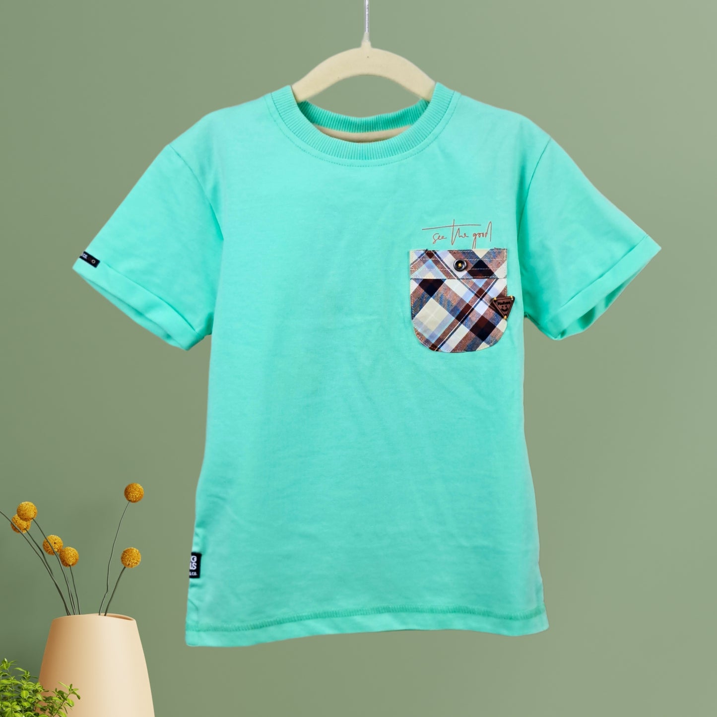 (RC-3100) Sea Green T-shirt and Checkered Cotton Shorts Set