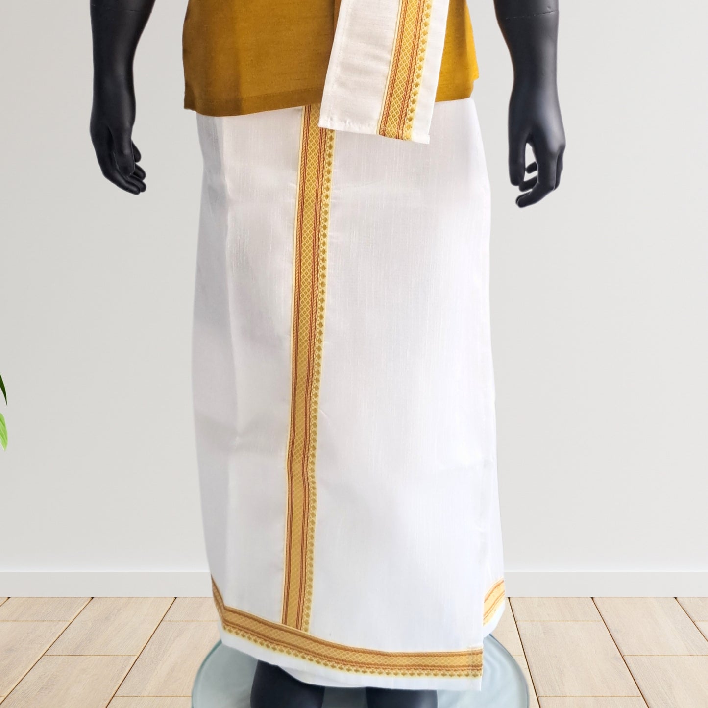 Mustard Yellow Cotton Silk Half Sleeves Shirt and Mundu Lungi set with Uparna/Towel