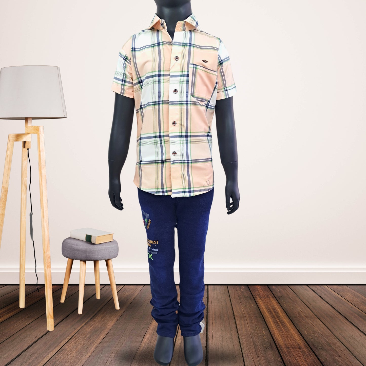 (OJ-RD7436) Half Sleeves Checkered Shirt & Dark Blue Wash Jeans