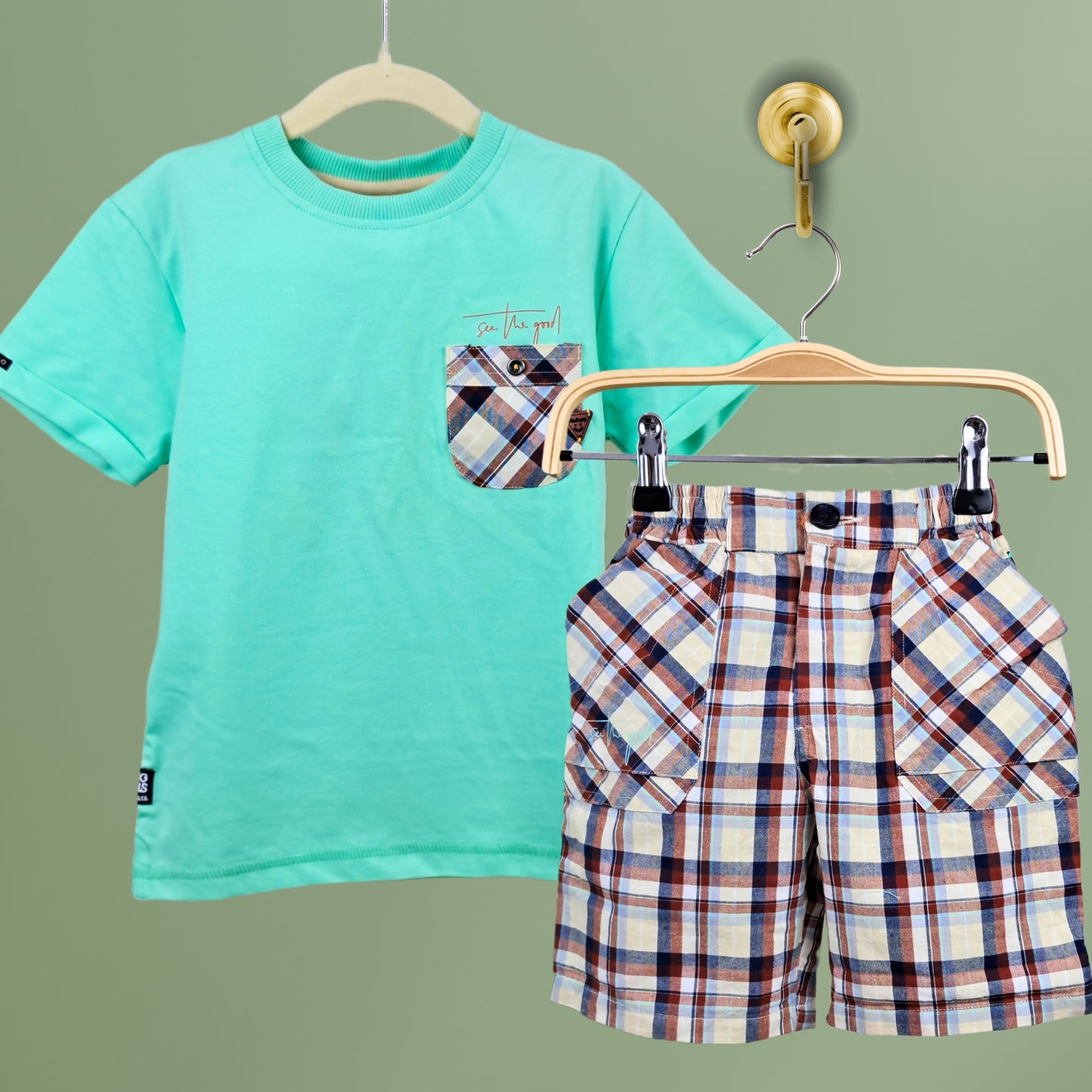 (RC-3100) Sea Green T-shirt and Checkered Cotton Shorts Set